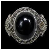 Sterling silver bezel set black onyx and marcasite