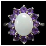 Sterling silver opal ring with round cut amethyst