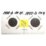 x2- 1933-D Lincoln cents- x2 cents-Sold by the