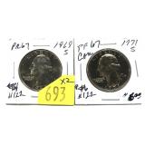 x2- Proof Washington quarters: 1969-S, 1971-S -x2