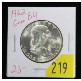 1962 Franklin half dollar, gem BU
