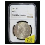 1882 Morgan dollar NGC slab certified MS-62