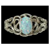 Sterling silver lab fire opal ring in filigree