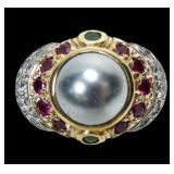 Sterling silver gold wash grey pearl ring with