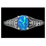 Sterling silver prong set lab blue opal ring,