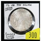 .999 Silver 1/2 oz. Indian Head round, Golden