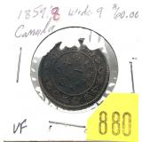 1859 over 8 Canadian Large cent