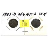 x2- 1933-D Lincoln cents- x2 cents-Sold by the