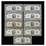 x9- $2 red seals series of 1953/63 -x9 notes -