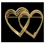 Vintage 14K gold filled milgrain double heart pin,