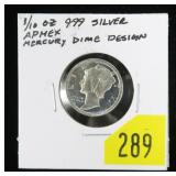 .999 Silver 1/10 oz. Mercury Dime round, Apmex