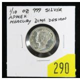 .999 Silver 1/10 oz. Mercury Dime round, Apmex