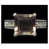 Sterling silver square cut smoky quartz ring with