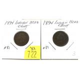 x2- 1894 Indian Head cents -x2 cents- Sold by the