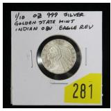 .999 Silver 1/10 oz. Indian round, Golden State
