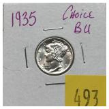 1935 Mercury dime, BU