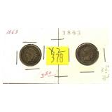 2- 1863 Indian Head cents, -x2 cents, Sold by