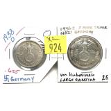 x2- German 2 and 5 mark coins, -x2 coins, Sold by