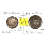 x2- 1943 Australian 1 shillings, -x2 shillings,