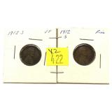 2- 1912-S Lincoln cents, -x2 cents, Sold by the