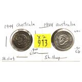 x2- 1944 Australian 1 shillings, -x2 shillings,