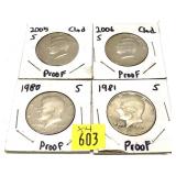 x4- Kennedy Proof half dollars, mixed dates,