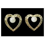 14K Yellow gold heart with pearl post earrings,