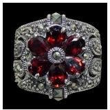 Sterling silver garnet flower and marcasite ring,