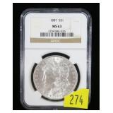 1887 Morgan dollar, NGC slab certified MS-63