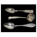Lot, 3 coin silver spoons and ladle, 3 pcs.,