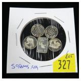 Lot, 1 gram each .999 Fine silver rounds, 5