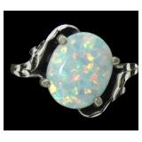 Sterling silver lab fire opal ring in bypass