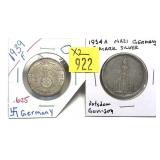 x2- German 2 and 5 mark coins, -x2 coins, Sold by