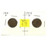 2- 1912-D Lincoln cents, -x2 cents, Sold by the