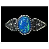 Sterling silver dentil set lab blue opal ring,