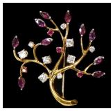 18K Yellow gold tree branch brooch with 14