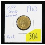 1910 $2.50 Gold Indian Quarter Eagle, AU