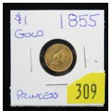 1855 $1 Gold Indian Princess dollar
