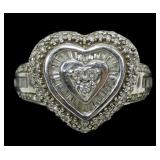 Sterling silver round and baguette diamonds heart