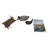 Lot, early wooden duck decoy, vintage hand reel,