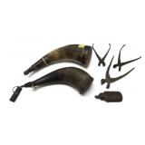 Lot: 2- Vintage powder horns, 3 vintage bullet