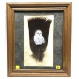 Framed Owl painting on feathers signed, frame