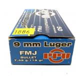 Box of 9mm Luger 115-grain FMJ PPU cartridges,