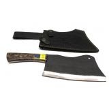 Custom handmade cleaver with embossed leather