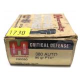 Box of .380 Auto 90-grain FTX Hornady critical