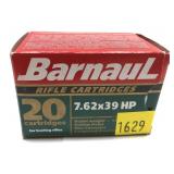 Box of 7.62x39mm 123-grain HP Barnal cartridges,