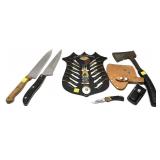 Lot, assorted knives includes hatchet with