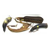 Lot: Vintage Leather shot shell belt, 2 powder