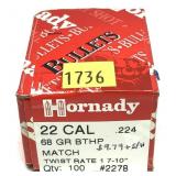 Box of .22 Cal. - 68 Gr. BTHP Hornady Bullets -