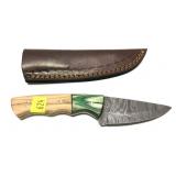 Custom Damascus Blade knife with leather sheath,